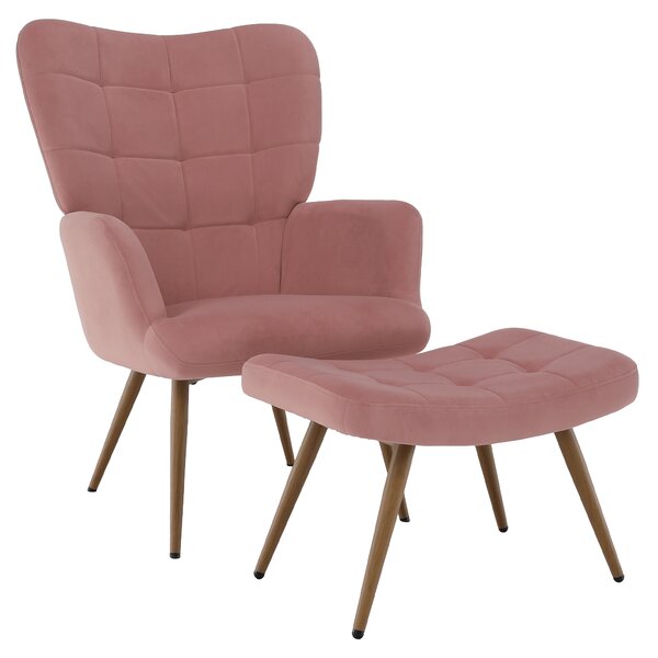KONDELA Kreslo s podnožou, ružová Velvet látka/dub, HABEN