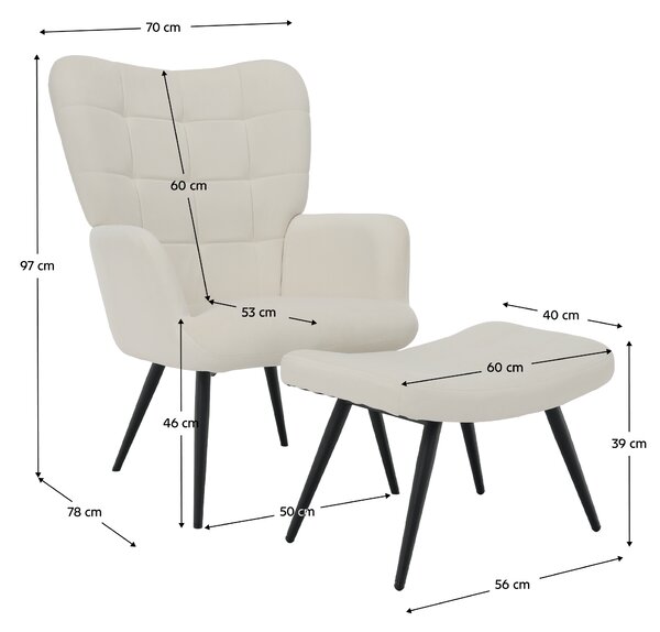 KONDELA Kreslo s podnožou, biela Velvet látka/čierna, HABEN