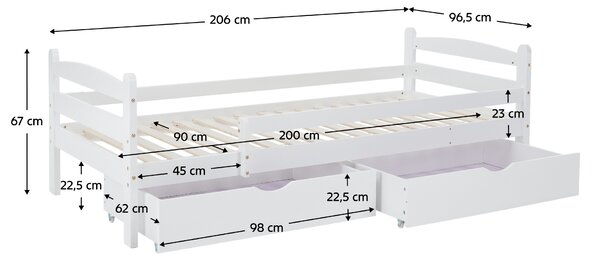 KONDELA Posteľ so zábranou, 90x200, biela, DALMA