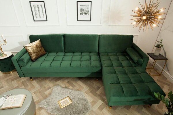 Invicta Interior - Elegantná rohová pohovka COZY VELVET 260 cm smaragdovo zelená zamat
