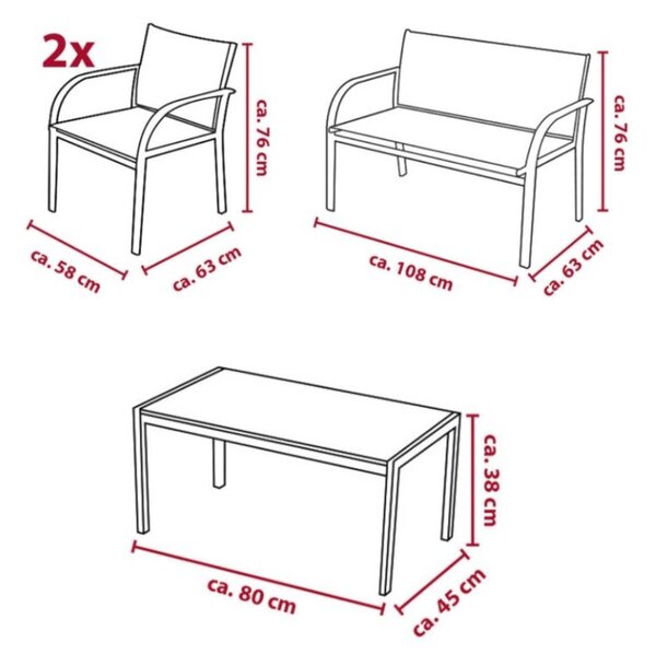 Záhradný set LOUNGE s kreslami, lavicou a stolíkom, sivý