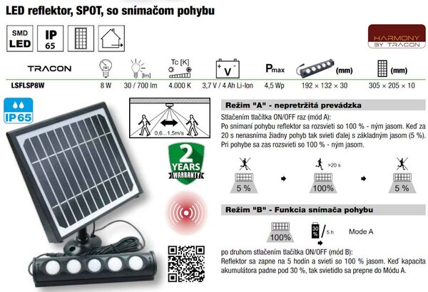 Nástenná solárna lampa so senzorom 8W, IP65 (LSFLSP8W)
