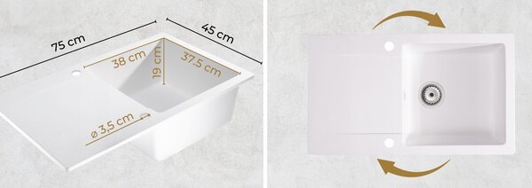 Sink Quality Ferrum, kuchynský granitový drez 770x450x190 mm + čierny sifón, biela, SKQ-FER.W.1KDO.XB