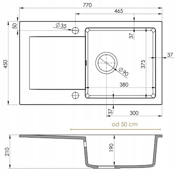 Sink Quality Ferrum, kuchynský granitový drez 770x450x190 mm + čierny sifón, biela, SKQ-FER.W.1KDO.XB
