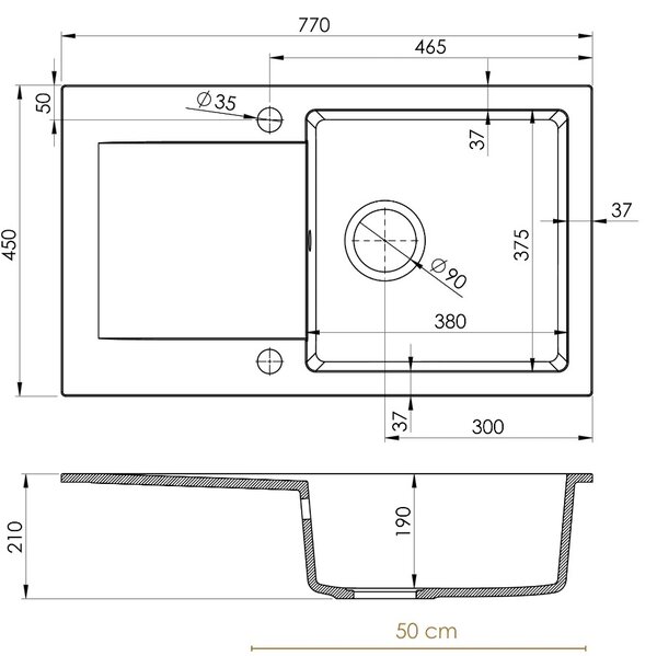 Sink Quality Ferrum, kuchynský granitový drez 770x450x190 mm + čierny sifón, čierna, SKQ-FER.C.1KDO.XB