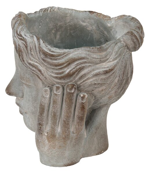 Šedý cementový kvetináč hlava dievčatá v dlaniach - 14*16*17 cm - Clayre & Eef
