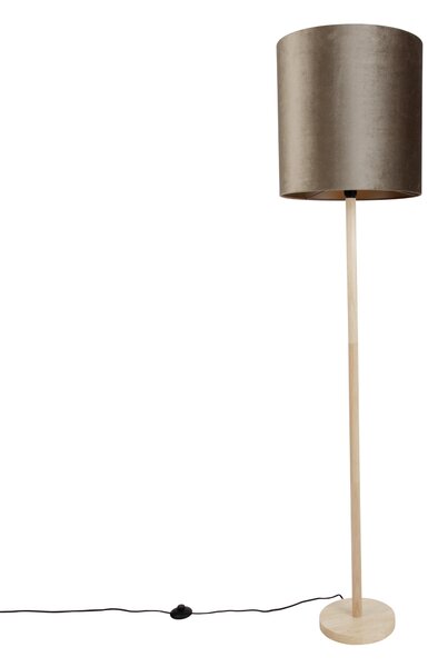 Drevená stojacia lampa s taupe zamatovým tienidlom 40 cm - Mels