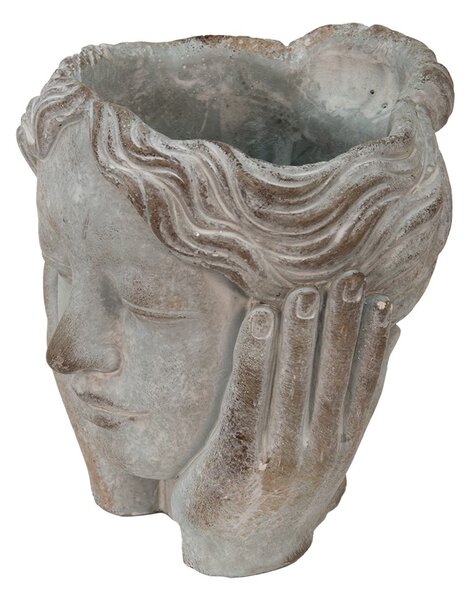 Šedý cementový kvetináč hlava dievčatá v dlaniach - 14*16*17 cm - Clayre & Eef