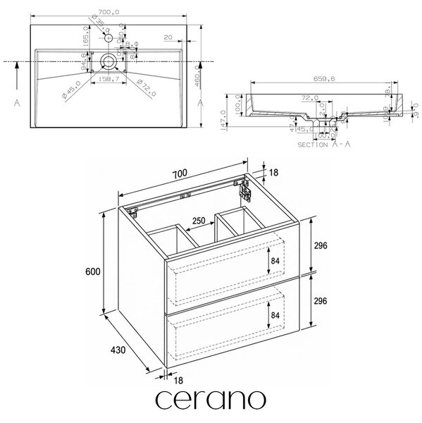 CERANO - Kúpeľňová skrinka Adele - dub Cannolo Cremona + umývadlo z liateho mramoru Vita - čierna matná - s otvorom - 70x70x46 cm