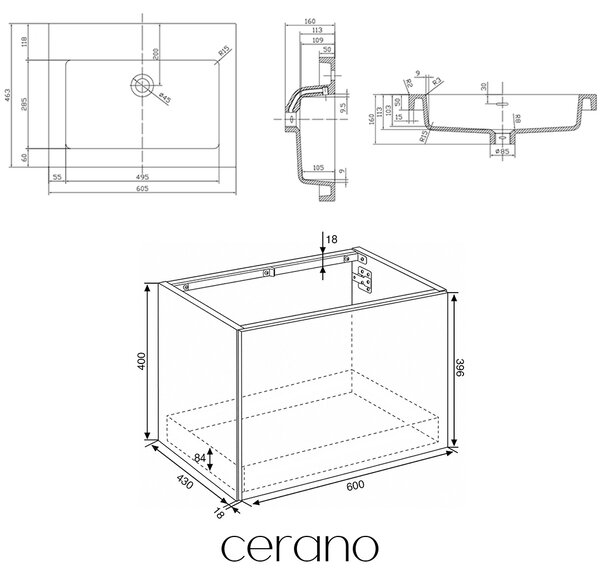 CERANO - Kúpeľňová skrinka Adele - dub Cannolo Cremona + umývadlo z liateho mramoru Ovo - čierna matná - 60,5x45x46,5 cm