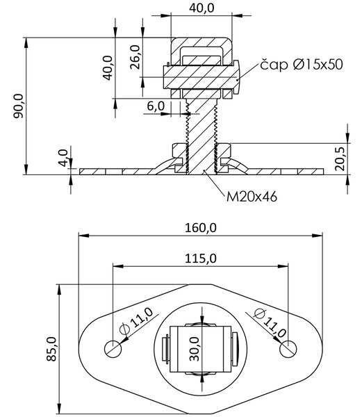 KVN SYSTEM Záves M20 s platňou 88 x 90 mm, nastaviteľný, pozink