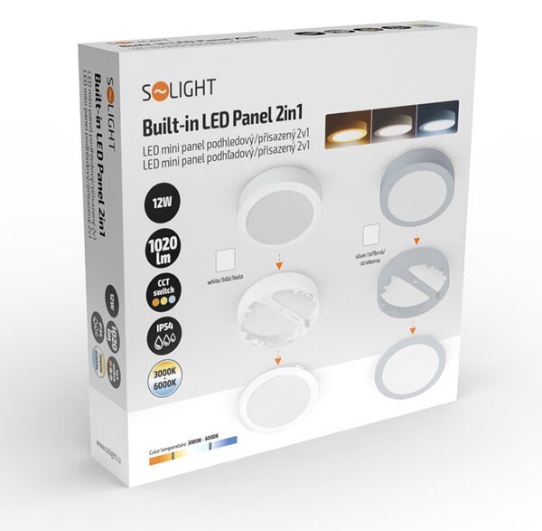 SOLIGHT LED mini panel kúpeľňový 2v1, 3CCT, 12W, 1020lm, IP54, strieborný