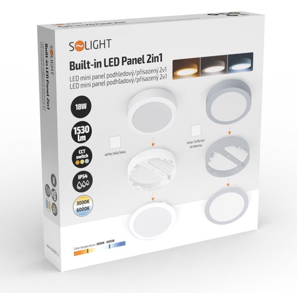 SOLIGHT LED mini panel kúpeľňový 2v1, 3CCT, 18W, 1530lm, IP54, biely