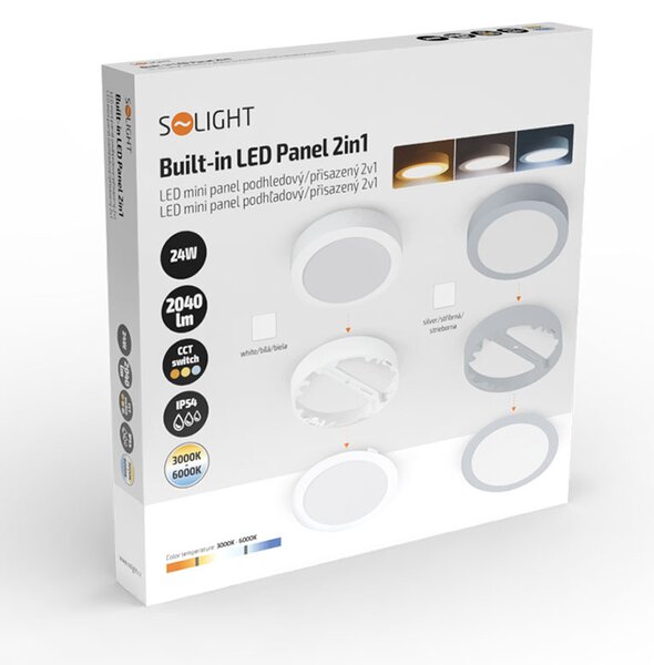 SOLIGHT LED mini panel kúpeľňový 2v1, 3CCT, 24W, 2040lm, IP54, biely