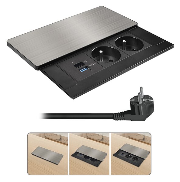 SOLIGHT Vstavaný blok zásuviek s posuvným krytom, 2 zásuvky, USB A+C 65W PD, 2m, strieborný