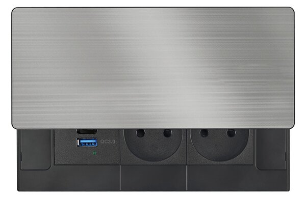 SOLIGHT Vstavaný blok zásuviek s posuvným krytom, 2 zásuvky, USB A+C 65W PD, 2m, strieborný