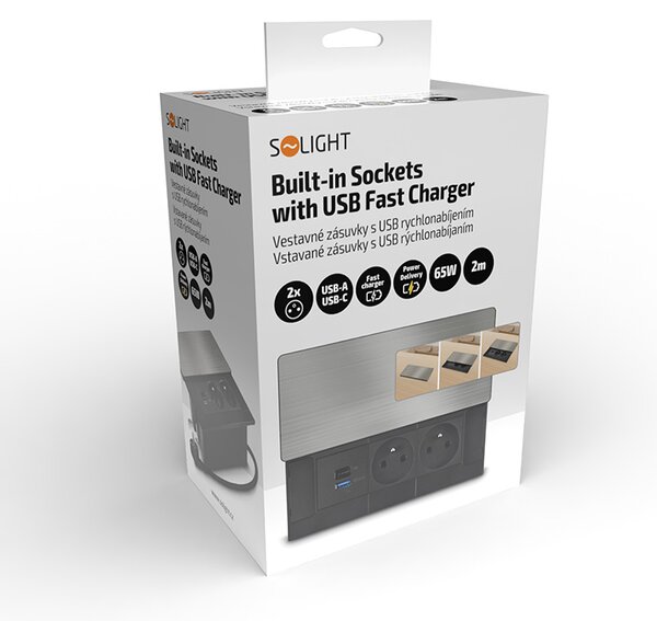 SOLIGHT Vstavaný blok zásuviek s posuvným krytom, 2 zásuvky, USB A+C 65W PD, 2m, strieborný
