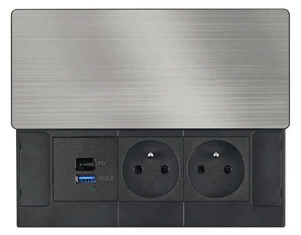 SOLIGHT Vstavaný blok zásuviek s posuvným krytom, 2 zásuvky, USB A+C 65W PD, 2m, strieborný
