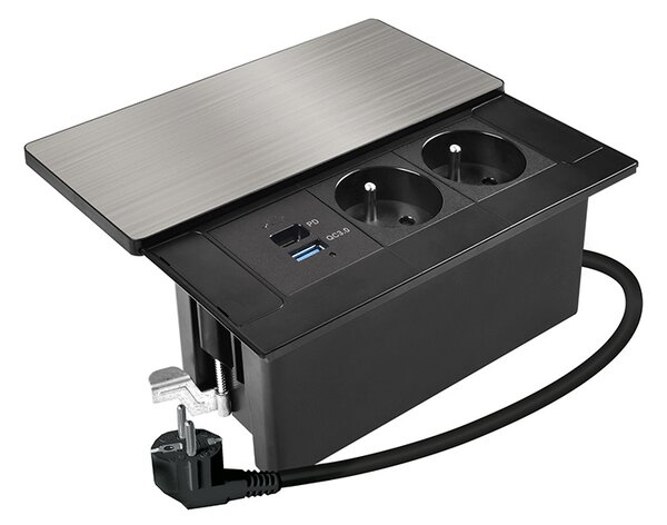 SOLIGHT Vstavaný blok zásuviek s posuvným krytom, 2 zásuvky, USB A+C 65W PD, 2m, strieborný
