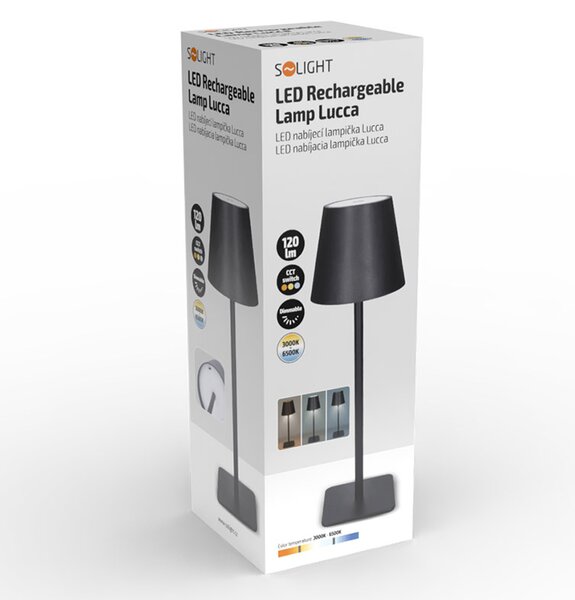 SOLIGHT LED nabíjacia lampička Lucca, 120lm, zmena CCT, stmievanie, čierna