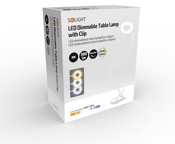 SOLIGHT LED stmievateľná stolná lampička s klipom, 300lm, nastaviteľná teplota svetla, USB, WO66-W