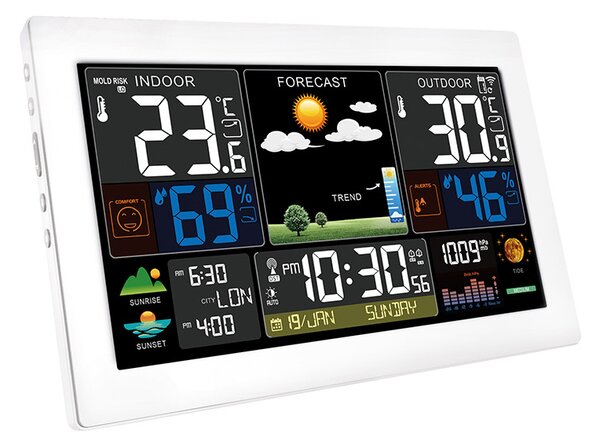 SOLIGHT Meteostanica, extra veľký farebný LCD, teplota, vlhkosť, tlak, RCC, USB nabíjanie, biela