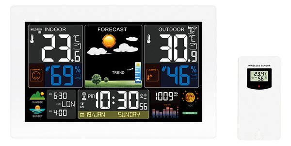 SOLIGHT Meteostanica, extra veľký farebný LCD, teplota, vlhkosť, tlak, RCC, USB nabíjanie, biela