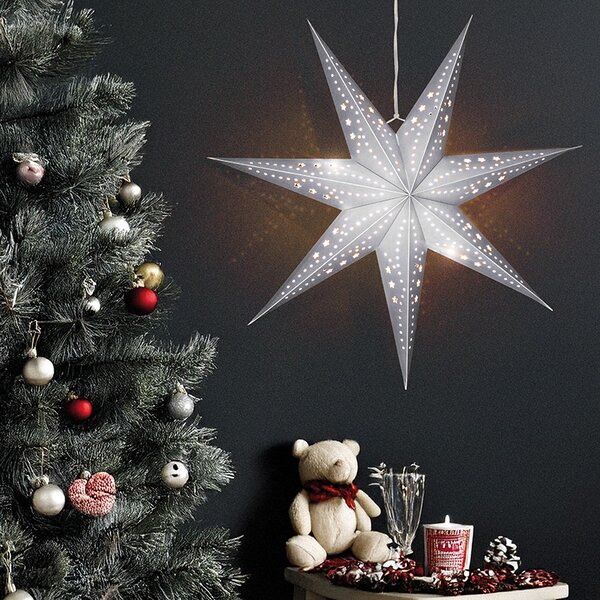 SOLIGHT LED vianočná závesná hviezda strieborná, časovač, 60cm, 20x LED, 2x AA
