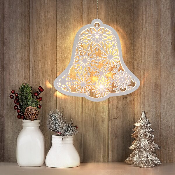SOLIGHT LED drevený vianočný zvonček, 9x LED, biela, 30cm, časovač, 2x AA