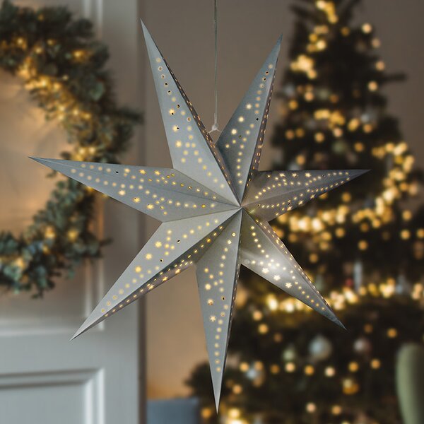SOLIGHT LED vianočná závesná hviezda strieborná, časovač, 60cm, 20x LED, 2x AA