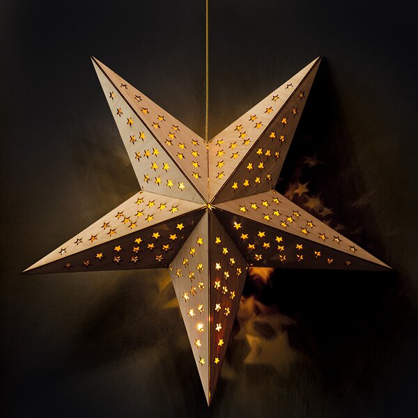 SOLIGHT LED drevená závesná vianočná hviezda, časovač, 20x LED, 65cm, 2x AA