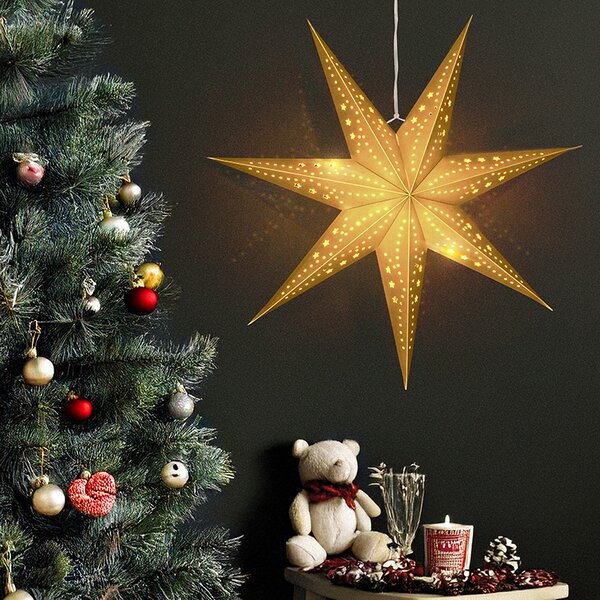 SOLIGHT LED vianočná závesná hviezda zlatá, časovač, 60cm, 20x LED, 2x AA