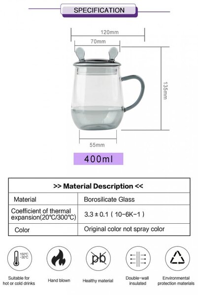 TYGLASS Termopohár s viečkom a uškom 400ml - transparent black