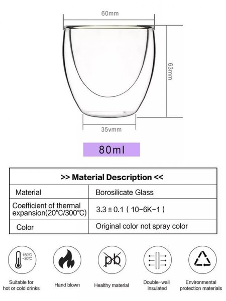 TYGLASS Termopohár s dvojitým sklom 80ml - transparent black
