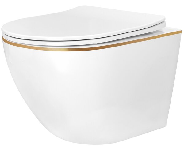 Rea Carlo Mini Tornado NF, závesná WC misa 490x365x350mm + toaletné sedadlo, biela-zlatý okraj, REA-C6806