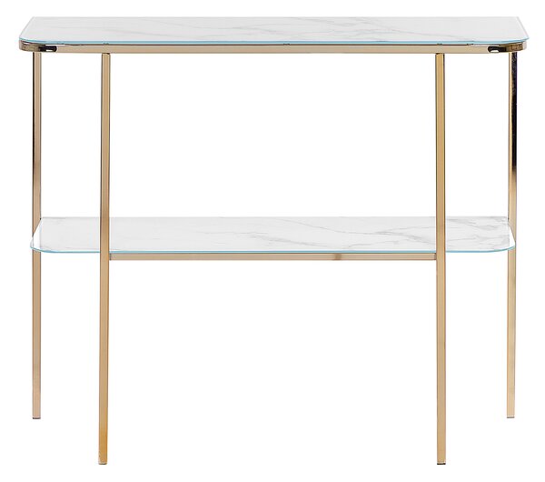 Konzolový stolík biely zlatý tvrdené sklo oceľ 100 x 33 cm mramorový vzhľad glamour moderná obývačka spálňa
