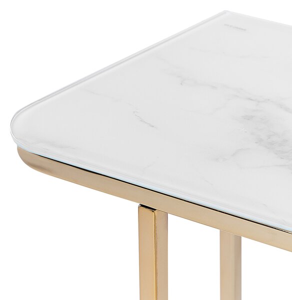 Konzolový stolík biely zlatý tvrdené sklo oceľ 100 x 33 cm mramorový vzhľad glamour moderná obývačka spálňa