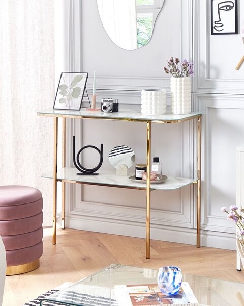 Konzolový stolík biely zlatý tvrdené sklo oceľ 100 x 33 cm mramorový vzhľad glamour moderná obývačka spálňa