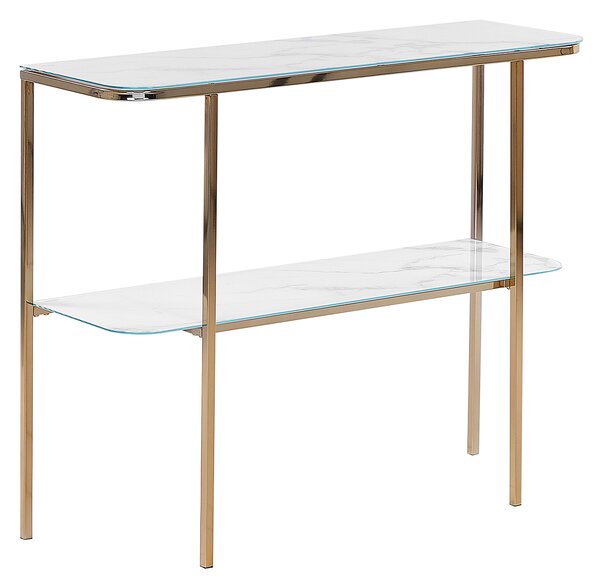 Konzolový stolík biely zlatý tvrdené sklo oceľ 100 x 33 cm mramorový vzhľad glamour moderná obývačka spálňa