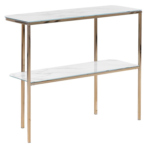 Konzolový stolík biely zlatý tvrdené sklo oceľ 100 x 33 cm mramorový vzhľad glamour moderná obývačka spálňa