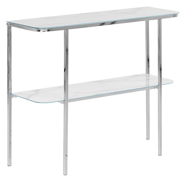 Konzolový stolík biely strieborný tvrdené sklo oceľ 100 x 33 cm mramorový vzhľad glamour moderná obývačka spálňa