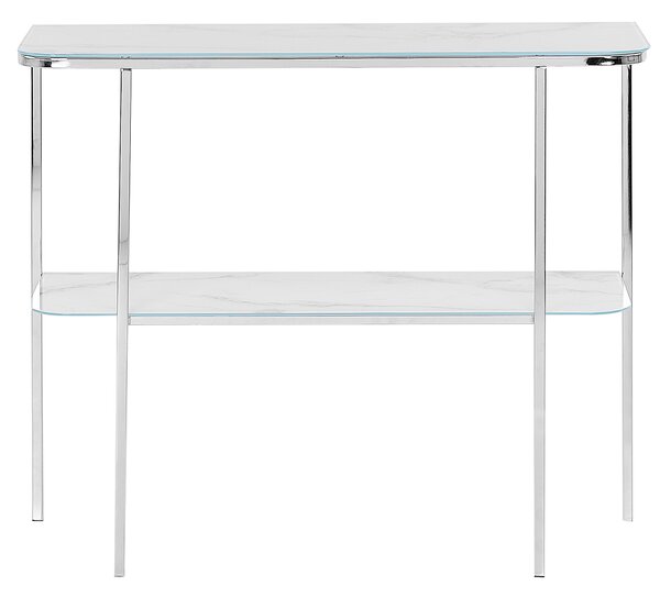 Konzolový stolík biely strieborný tvrdené sklo oceľ 100 x 33 cm mramorový vzhľad glamour moderná obývačka spálňa