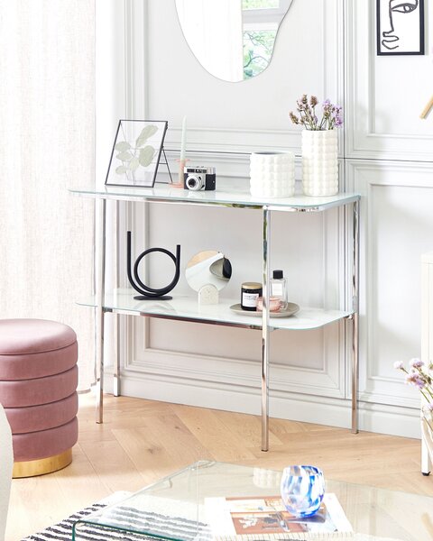 Konzolový stolík biely strieborný tvrdené sklo oceľ 100 x 33 cm mramorový vzhľad glamour moderná obývačka spálňa