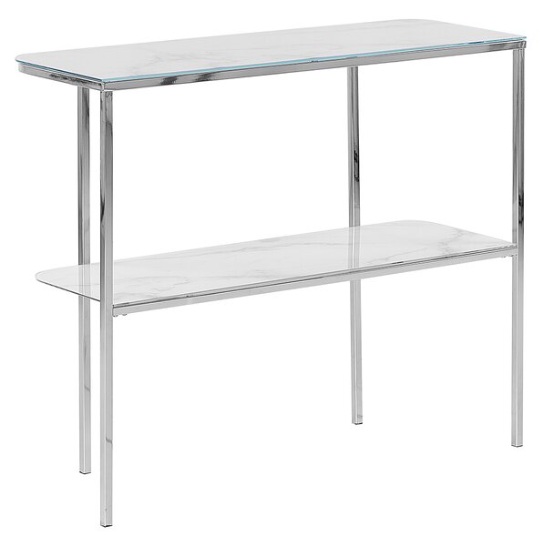 Konzolový stolík biely strieborný tvrdené sklo oceľ 100 x 33 cm mramorový vzhľad glamour moderná obývačka spálňa