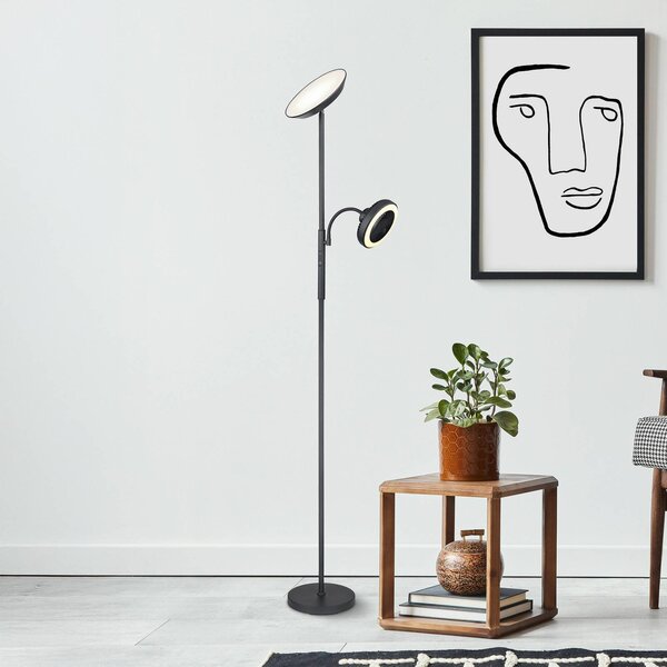LED stojacia lampa Davyd, čierna, 178 cm, na citanie, ventilátor, Čierna, Obývacia izba / jedáleň, kov, Moderný, Zemné bodové svetlo