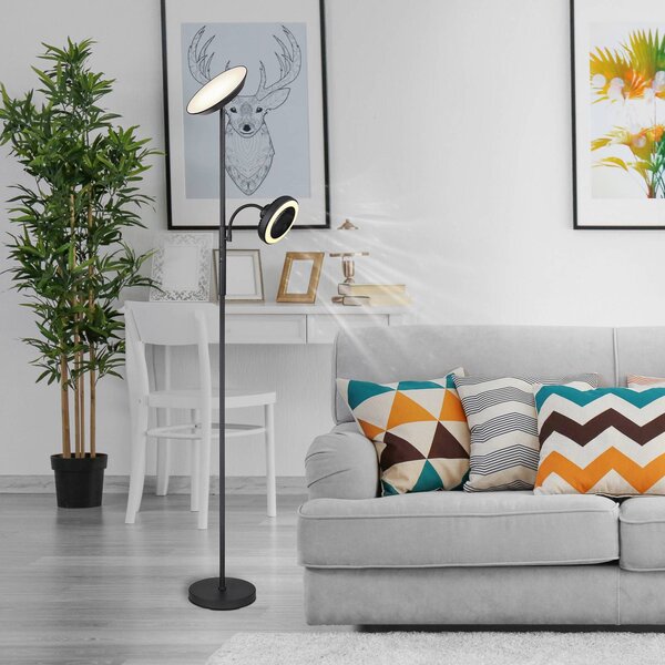 LED stojacia lampa Davyd, čierna, 178 cm, na citanie, ventilátor, Čierna, Obývacia izba / jedáleň, kov, Moderný, Zemné bodové svetlo