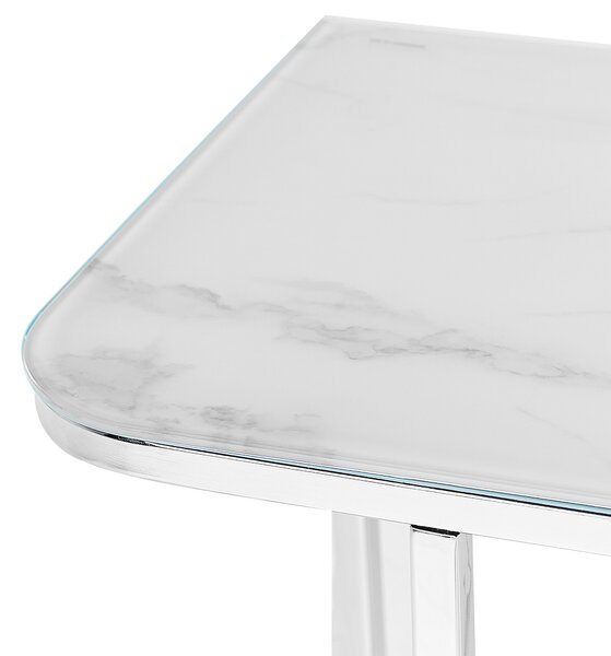 Konzolový stolík biely strieborný tvrdené sklo oceľ 100 x 33 cm mramorový vzhľad glamour moderná obývačka spálňa