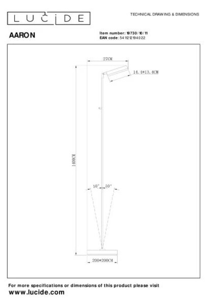 Lucide L197301011 LED stojacia lampa AARON | 12W integrovaný LED zdroj | 1000lm | 2700-4000K