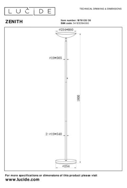 Lucide L197912030 LED stojacia lampa ZENITH | 20W integrovaný LED zdroj | 2200lm | 3000K