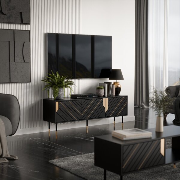 TV STOLÍK CAMILLO 3D ČIERNA + ZLATÁ 154 cm